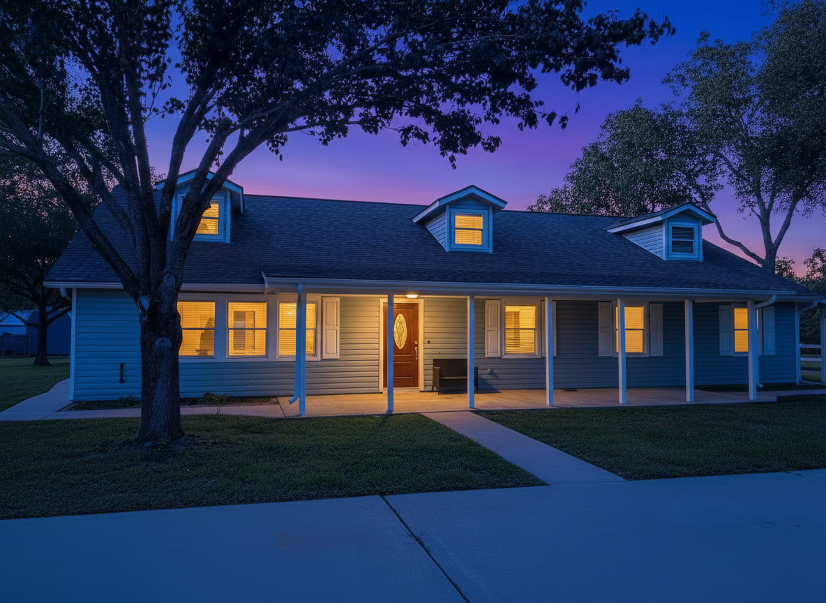 Katy Youth Care facility exterior at twilight — a warm, welcoming home for at-risk youth