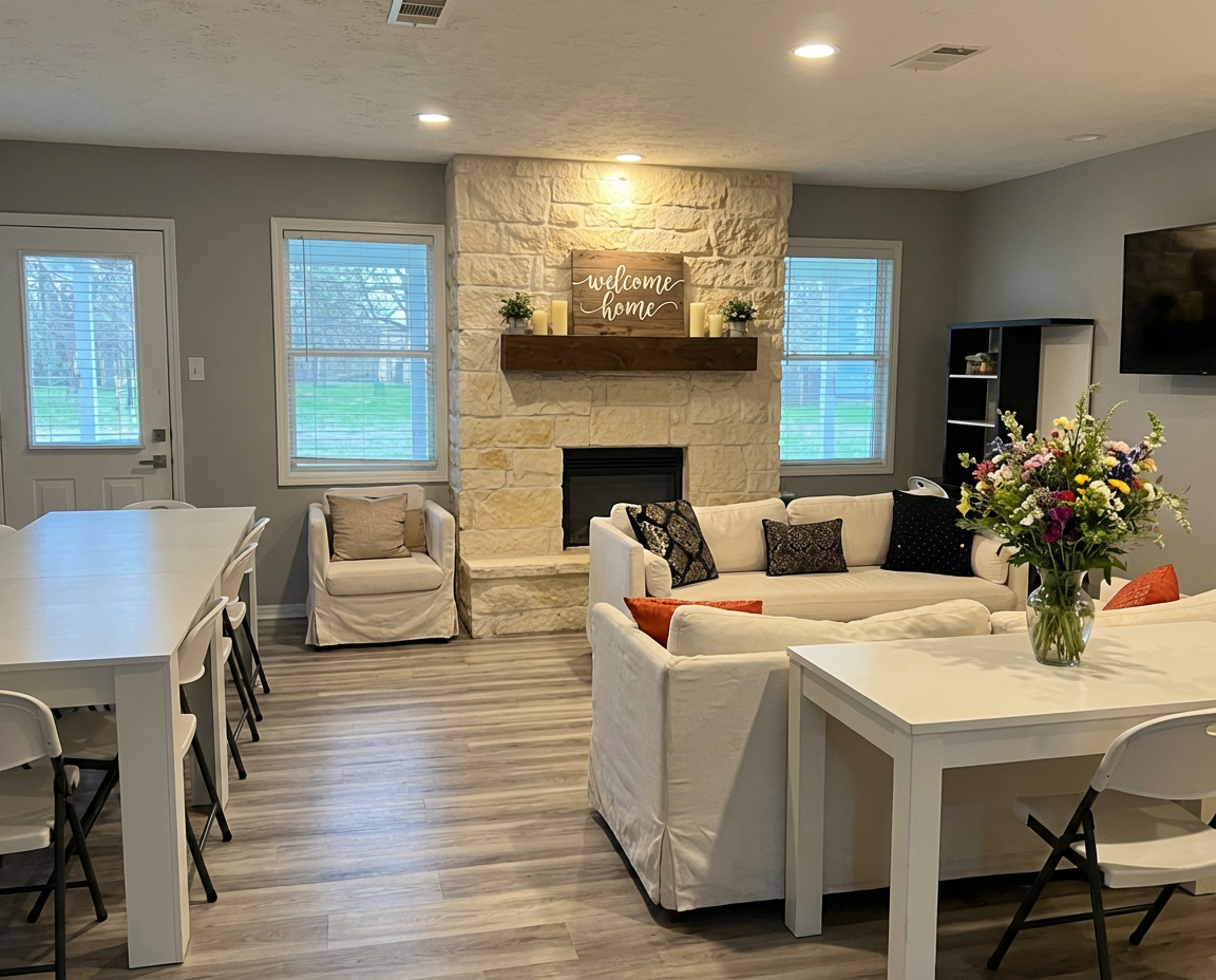 Warm living room with stone fireplace and welcome home sign at Katy Youth Care