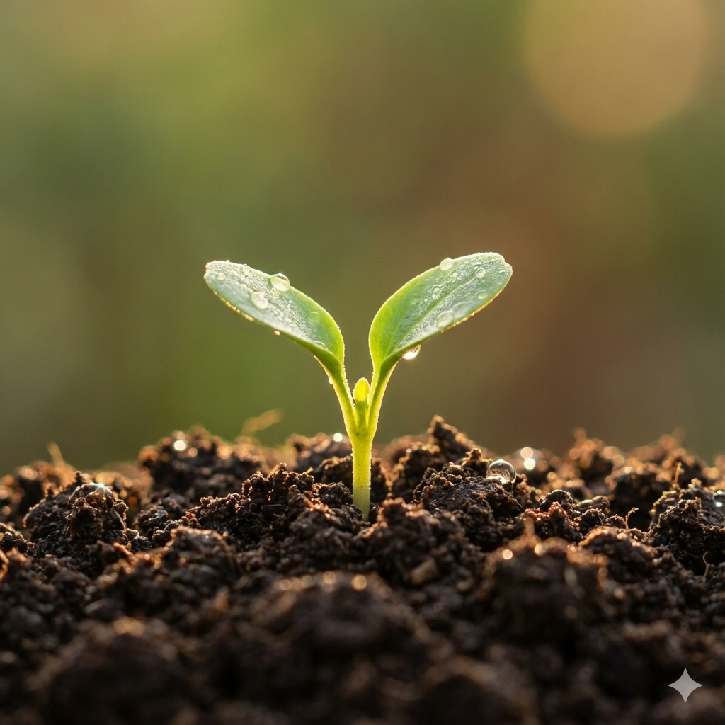 Young seedling emerging from soil, symbolizing growth and new beginnings